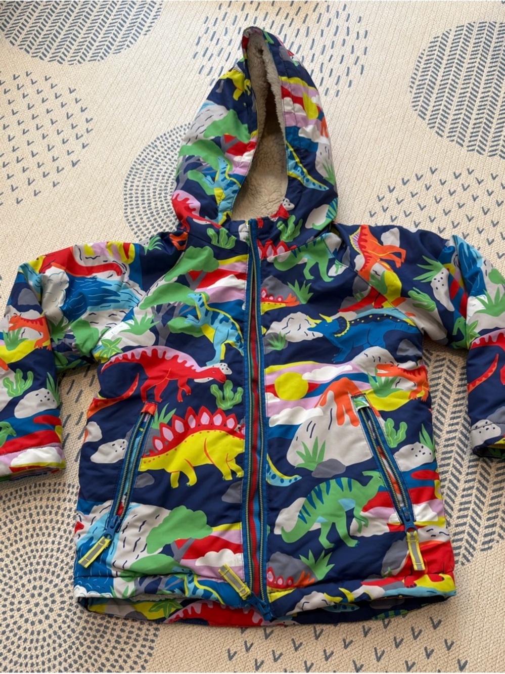 Mini Boden Navy Multicolor Dinosaur Puffer Jacket Size 3-4